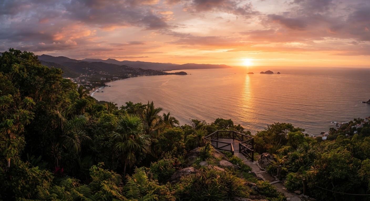 Atardecer sobre el mar, visto desde una ladera cubierta de selva