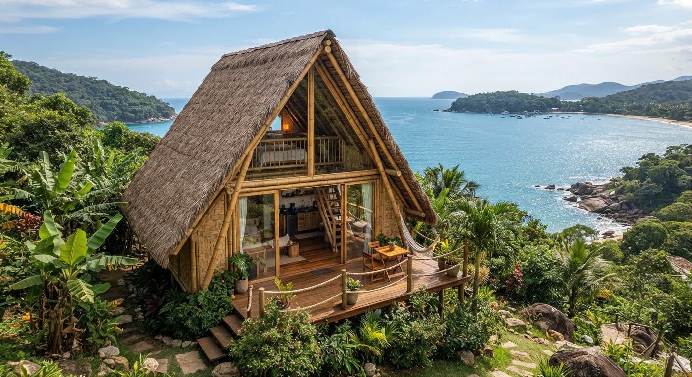 Una cabaña en A con techo de palma y terraza de madera, sobre una bahía