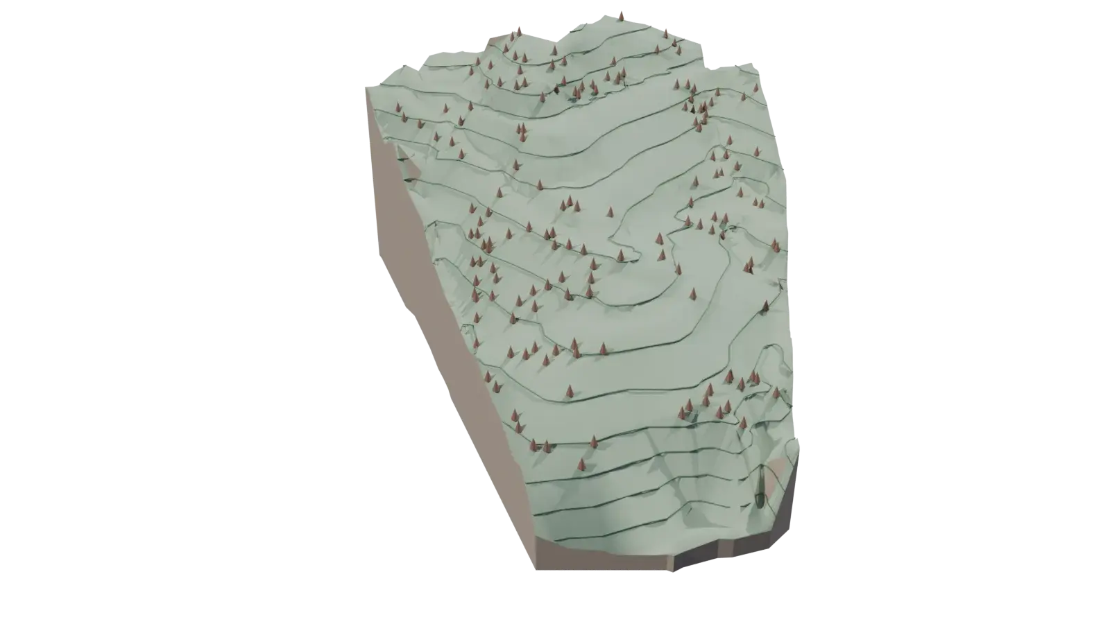 Modelo en 3D del terreno, con sus curvas de nivel y un marcador por cada árbol.