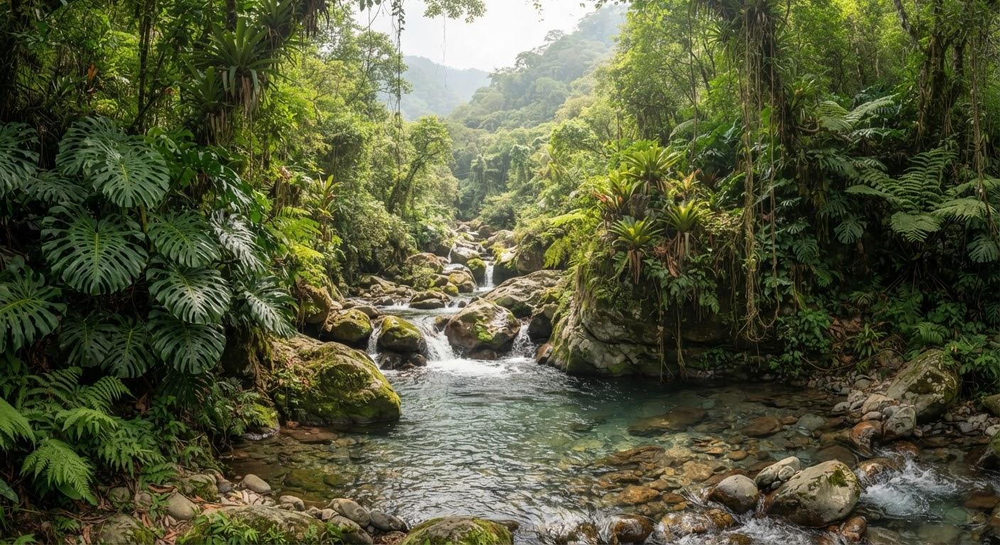 A stream running down between rocks and forest plants