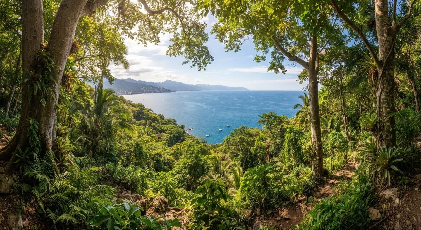 A blue bay seen through the trees of a tropical forest