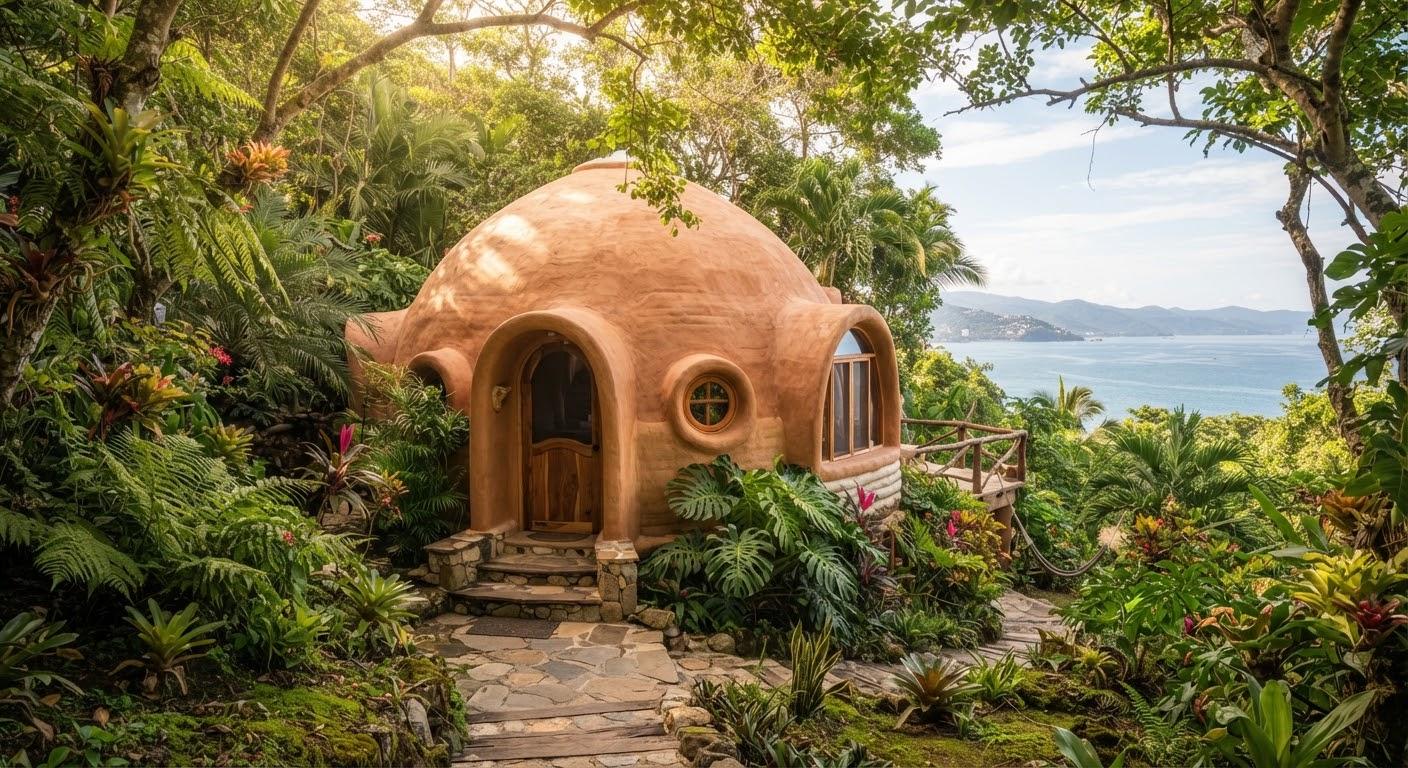 Una cabaña de tierra en forma de domo, entre plantas de selva y con el mar al fondo